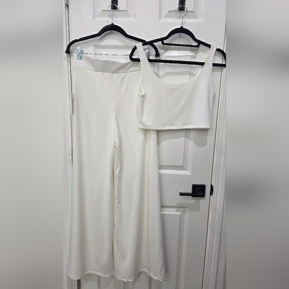 Vici White Ribbed Wide-Leg Knit Pants Set Size Large